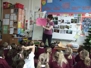 Me sharing some of the cover design ideas from the Y1 kids