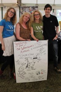The fab Waterstones team, led by Barbara (second from left) and their author/illustrator signing board. Can you see what animal I drew on it?!