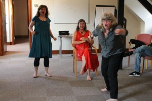 Sheena Wilkinson, Jackie Marchant and Penny Dolan take a trip to the dentist's in the 'sit, stand, bend' game