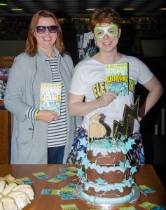 Cathy Brett and me - and the cake! Three tiers of chocolate sponge with electric blue icing and flashing LEDs...
