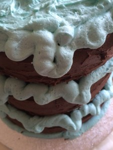 Detail from THE launch cake - a three tiered chocolate confection with electric blue icing! And if you want to see what it should look like later, hop over to the Middle Grade Strikes Back birthday post and see Cathy's drawing of it!