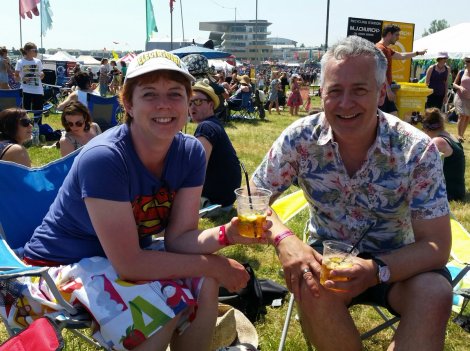 Drinking Pimms with John Dougherty before our band gig, in the glorious sunshine! (thanks to Philip Ardagh for photo)