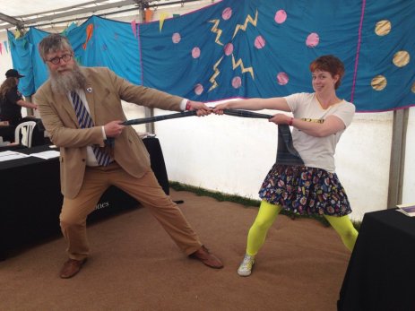 Me in my Electrigirl kit messing around with author Philip Ardagh (thanks for the photo, Philip!)